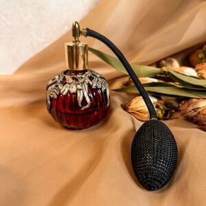 Dark Red Glass Perfume Bottle with‎ Ornate Metal Overlay